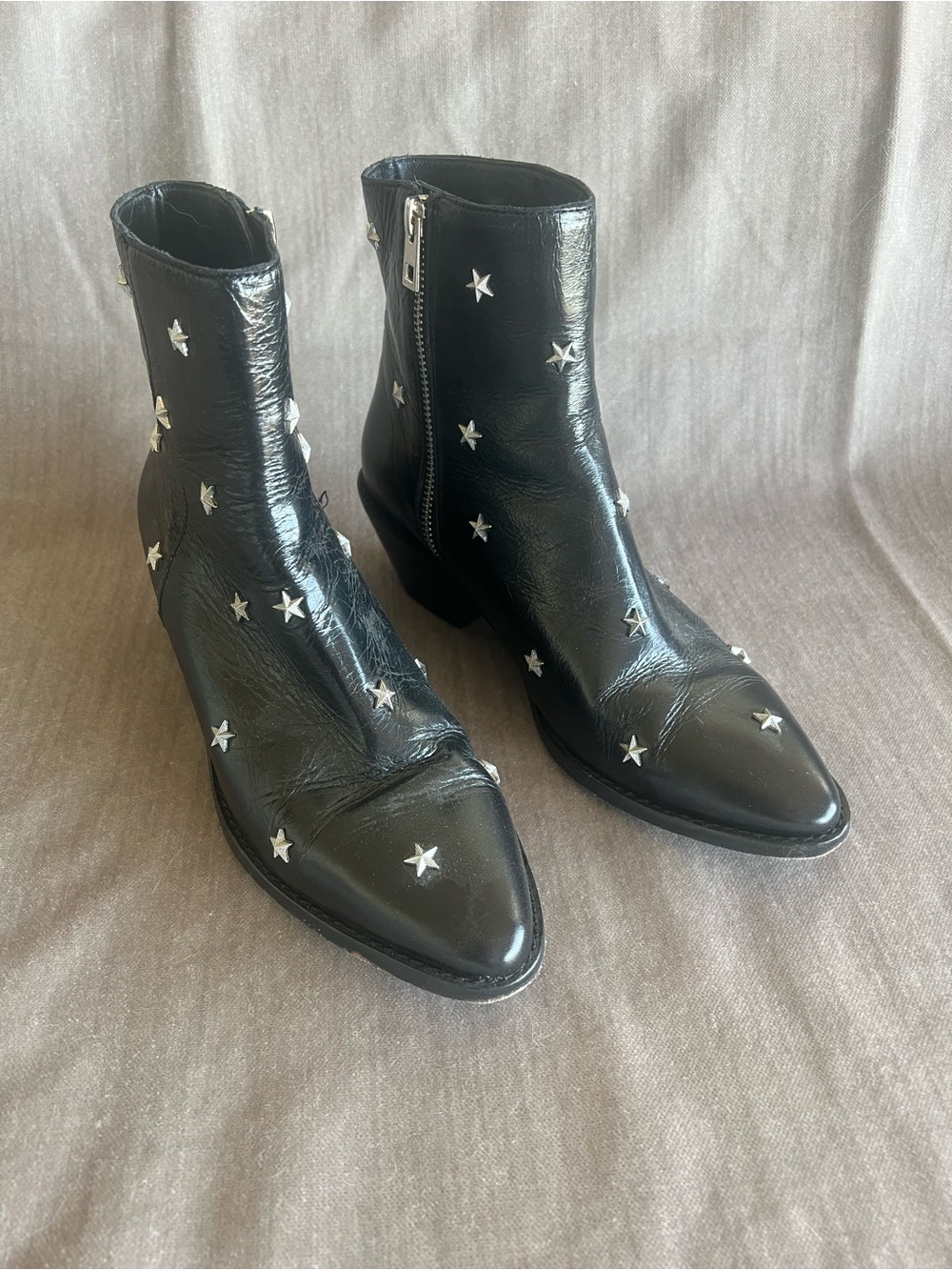 Dagne Dover Black Leather Star-Stud Ankle Boots